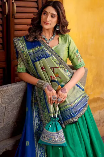 green zari weaving silk lehenga set choli with dupatta