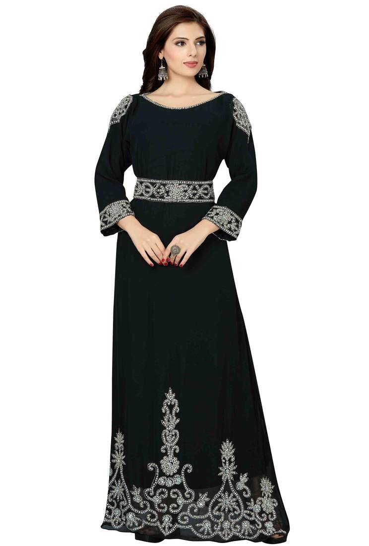 Black silver stone work fancy moroccan kaftan