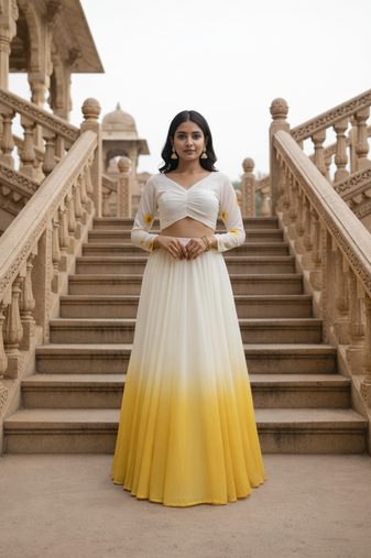 White Georgette Floral Printad Work Lehenga set  with Choli 