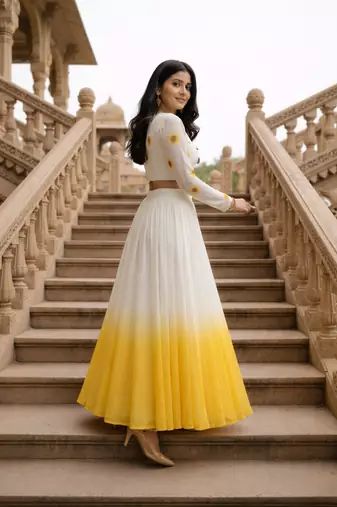 White Georgette Floral Printad Work Lehenga set  with Choli 