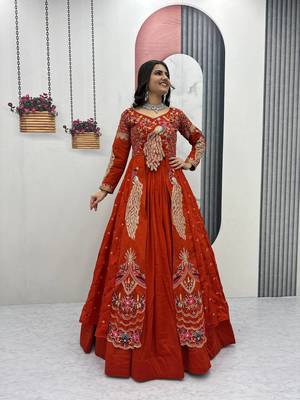 Rust Orange vichitra silk thread work readymade anarkali style lehenga set 1
