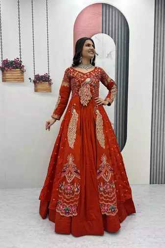 Rust Orange vichitra silk thread work readymade anarkali style lehenga set