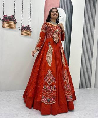 Rust Orange vichitra silk thread work readymade anarkali style lehenga set 2