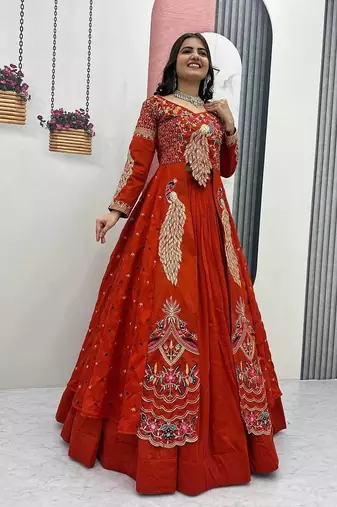Rust Orange vichitra silk thread work readymade anarkali style lehenga set