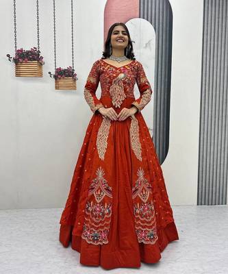 Rust Orange vichitra silk thread work readymade anarkali style lehenga set 3