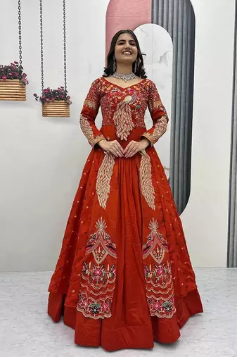 Rust Orange vichitra silk thread work readymade anarkali style lehenga set