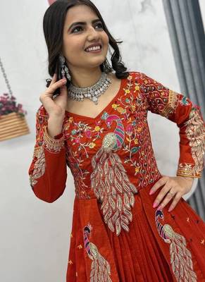 Rust Orange vichitra silk thread work readymade anarkali style lehenga set 4