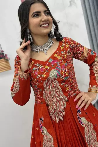 Rust Orange vichitra silk thread work readymade anarkali style lehenga set
