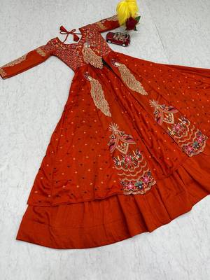 Rust Orange vichitra silk thread work readymade anarkali style lehenga set 5