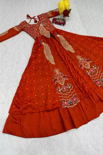 Rust Orange vichitra silk thread work readymade anarkali style lehenga set