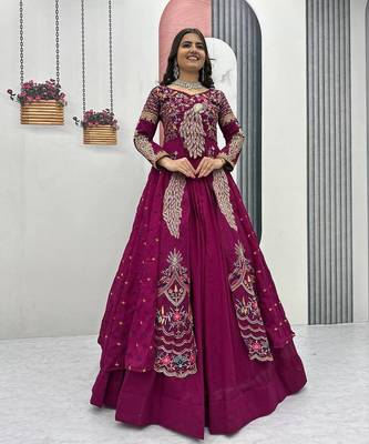 Wine Vichitra Silk Thread Work readymade anarkali style Lehenga Set 1