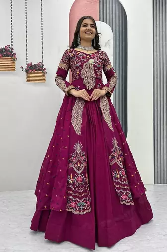 Wine Vichitra Silk Thread Work readymade anarkali style Lehenga Set