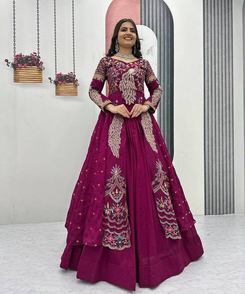 Wine Vichitra Silk Thread Work readymade anarkali style Lehenga Set