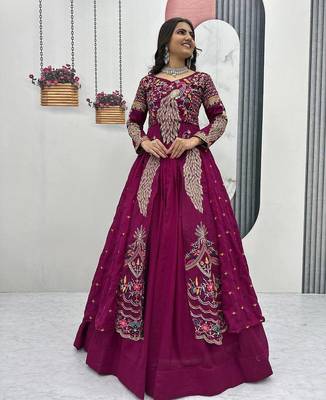 Wine Vichitra Silk Thread Work readymade anarkali style Lehenga Set 2