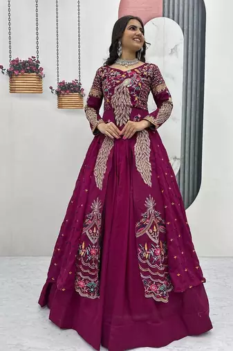 Wine Vichitra Silk Thread Work readymade anarkali style Lehenga Set