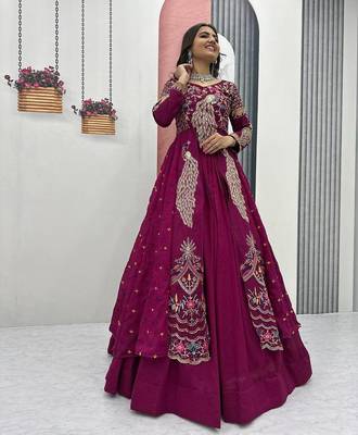 Wine Vichitra Silk Thread Work readymade anarkali style Lehenga Set 3