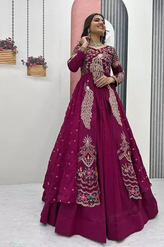 Wine Vichitra Silk Thread Work readymade anarkali style Lehenga Set