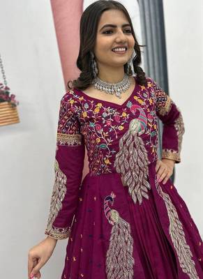 Wine Vichitra Silk Thread Work readymade anarkali style Lehenga Set 4