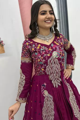 Wine Vichitra Silk Thread Work readymade anarkali style Lehenga Set