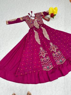 Wine Vichitra Silk Thread Work readymade anarkali style Lehenga Set 5