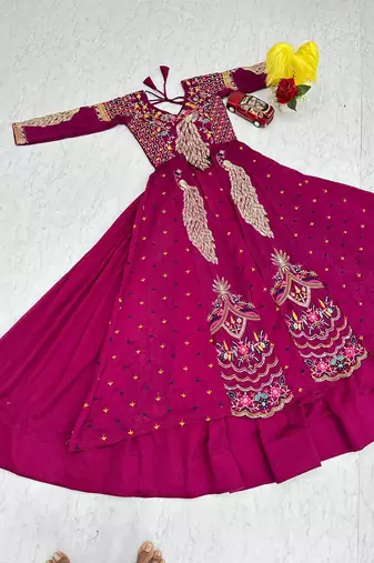 Wine Vichitra Silk Thread Work readymade anarkali style Lehenga Set