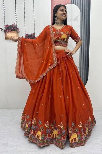 Rust Orange shimmer moss fabric Embroidered readymade Lehenga Choli Set with Dupatta