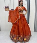 Rust Orange shimmer moss fabric Embroidered readymade Lehenga Choli Set with Dupatta