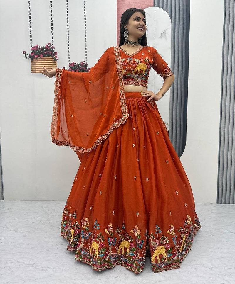 Rust Orange shimmer moss fabric Embroidered readymade Lehenga Choli Set with Dupatta