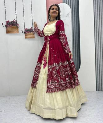 Rani Pink embroidered ready to wear lehenga set with shrug and blouse 1