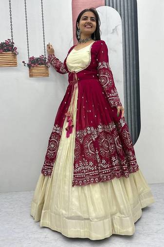 Rani Pink embroidered ready to wear lehenga set with shrug and blouse