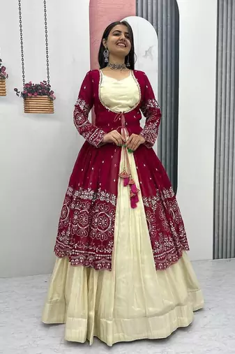 Rani Pink embroidered ready to wear lehenga set with shrug and blouse