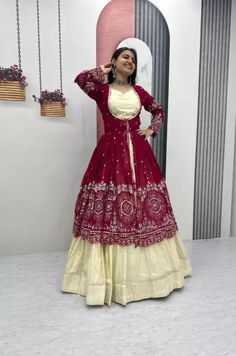 Rani Pink embroidered ready to wear lehenga set with shrug and blouse