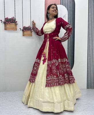 Rani Pink embroidered ready to wear lehenga set with shrug and blouse 4