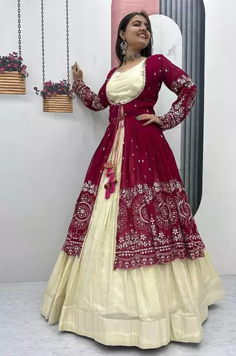 Rani Pink embroidered ready to wear lehenga set with shrug and blouse