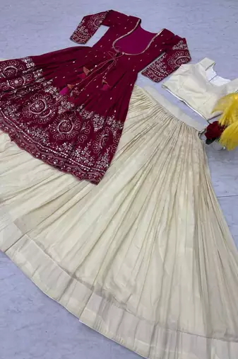 Rani Pink embroidered ready to wear lehenga set with shrug and blouse