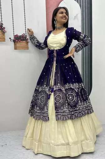 Royal Purple Embroidered ready to wear Lehenga Set with Shrug and blouse