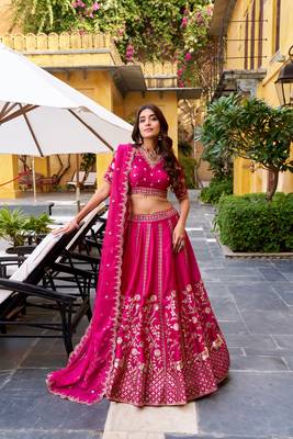 Rani Pink Chinon Silk Zari Work Lehenga Choli set with blouse and dupatta 1