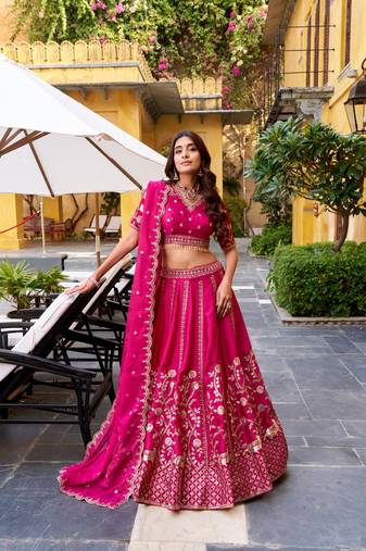 Rani Pink Chinon Silk Zari Work Lehenga Choli set with blouse and dupatta