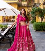 Rani Pink Chinon Silk Zari Work Lehenga Choli set with blouse and dupatta