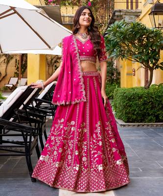 Rani Pink Chinon Silk Zari Work Lehenga Choli set with blouse and dupatta 2