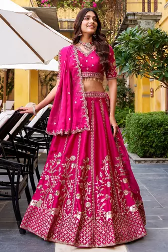 Rani Pink Chinon Silk Zari Work Lehenga Choli set with blouse and dupatta
