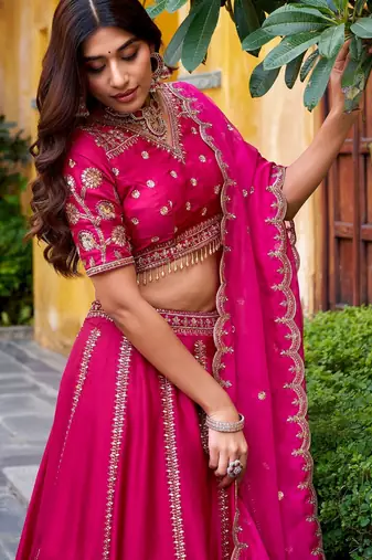 Rani Pink Chinon Silk Zari Work Lehenga Choli set with blouse and dupatta