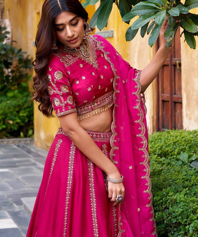 Rani Pink Chinon Silk Zari Work Lehenga Choli set with blouse and dupatta