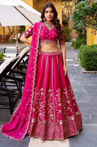Rani Pink Chinon Silk Zari Work Lehenga Choli set with blouse and dupatta