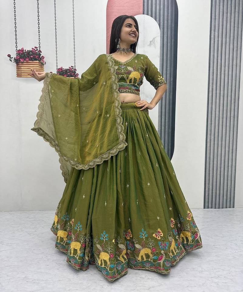 Olive green shimmer moss fabric Embroidered readymade Lehenga Choli Set with Dupatta