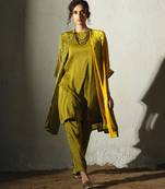 Yellow embroidered crepe kurta set with jacket