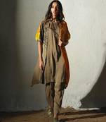 Brown embroidered crepe kurta set with jacket