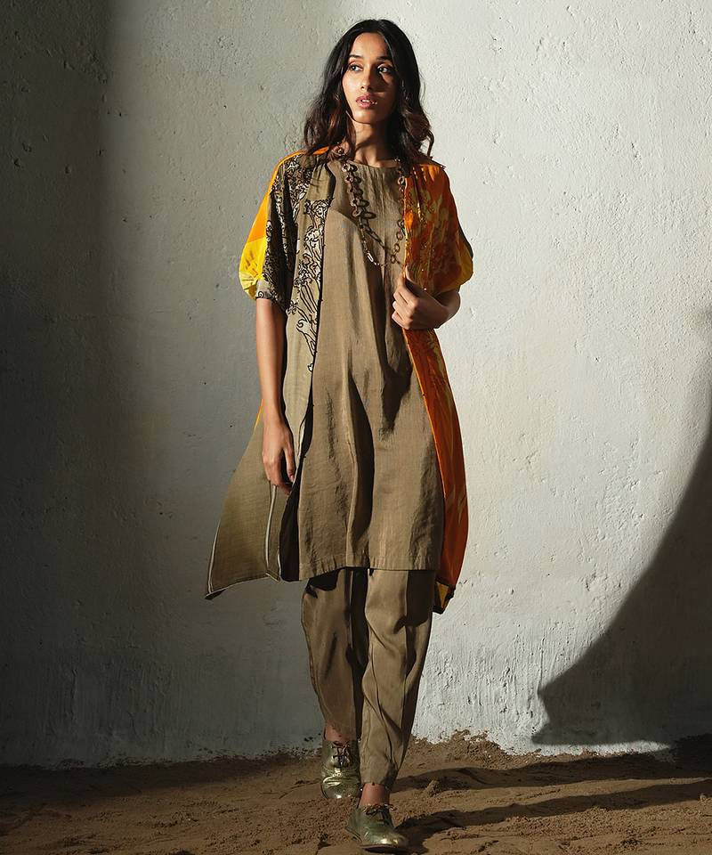 Brown embroidered crepe kurta set with jacket