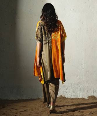 Brown embroidered crepe kurta set with jacket 4