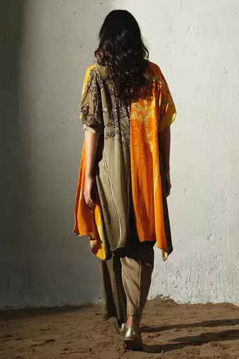 Brown embroidered crepe kurta set with jacket